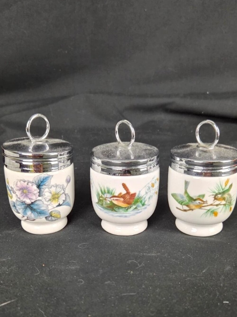 3 Vintage Royal Worcester Porcelain Egg Coddlers Flower & Birds